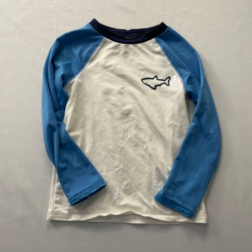 Cat & Jack Boys Blue White Shark Rash Guard Swim Shirt Size 4T UPF 50+